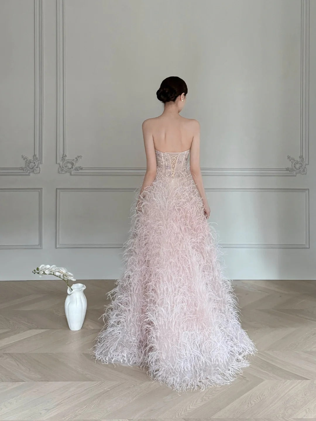 Elegant Light Pink A-Line Strapless Feather Long Prom Dress Evening Dress
