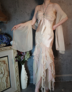 Elegant Light Pink Mermaid Beaded Layered Ruffled Satin Prom Dress Evening Dress