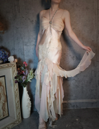 Elegant Light Pink Mermaid Beaded Layered Ruffled Satin Prom Dress Evening Dress
