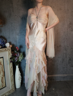 Elegant Light Pink Mermaid Beaded Layered Ruffled Satin Prom Dress Evening Dress