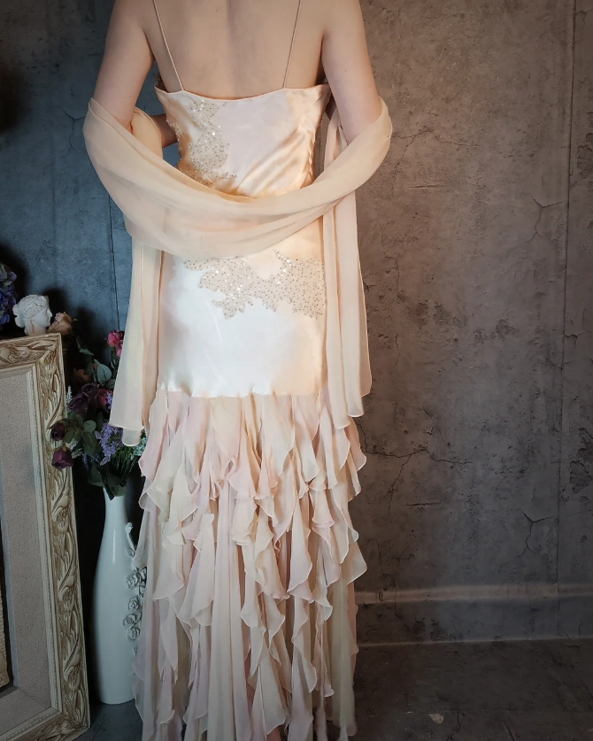 Elegant Light Pink Mermaid Beaded Layered Ruffled Satin Prom Dress Evening Dress