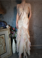 Elegant Light Pink Mermaid Beaded Layered Ruffled Satin Prom Dress Evening Dress