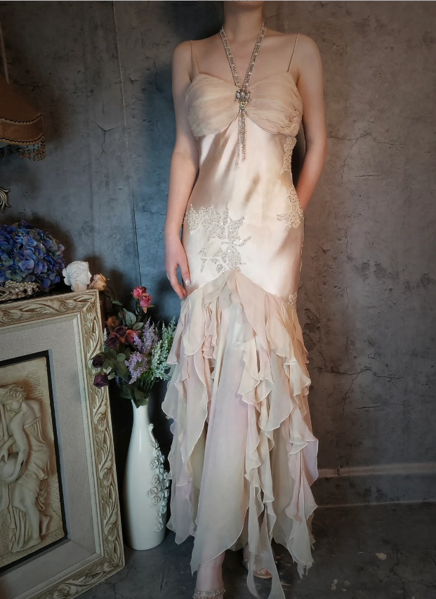 Elegant Light Pink Mermaid Beaded Layered Ruffled Satin Prom Dress Evening Dress
