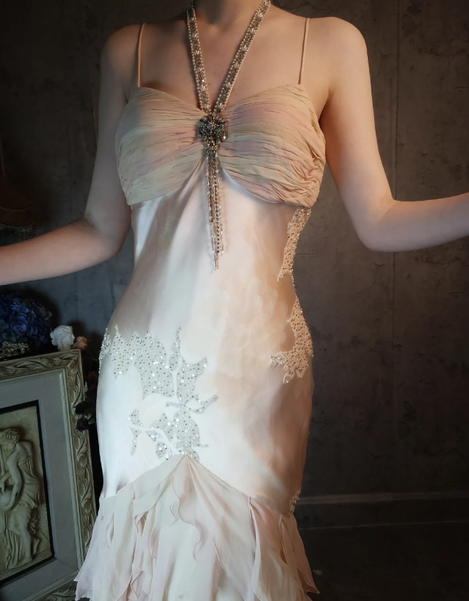 Elegant Light Pink Mermaid Beaded Layered Ruffled Satin Prom Dress Evening Dress
