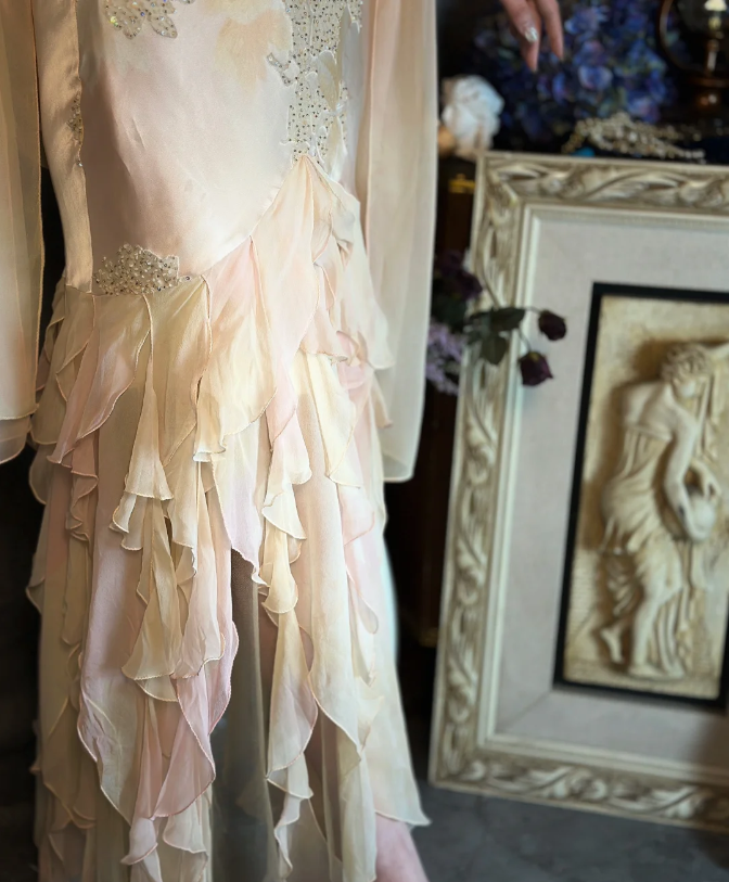 Elegant Light Pink Mermaid Beaded Layered Ruffled Satin Prom Dress Evening Dress