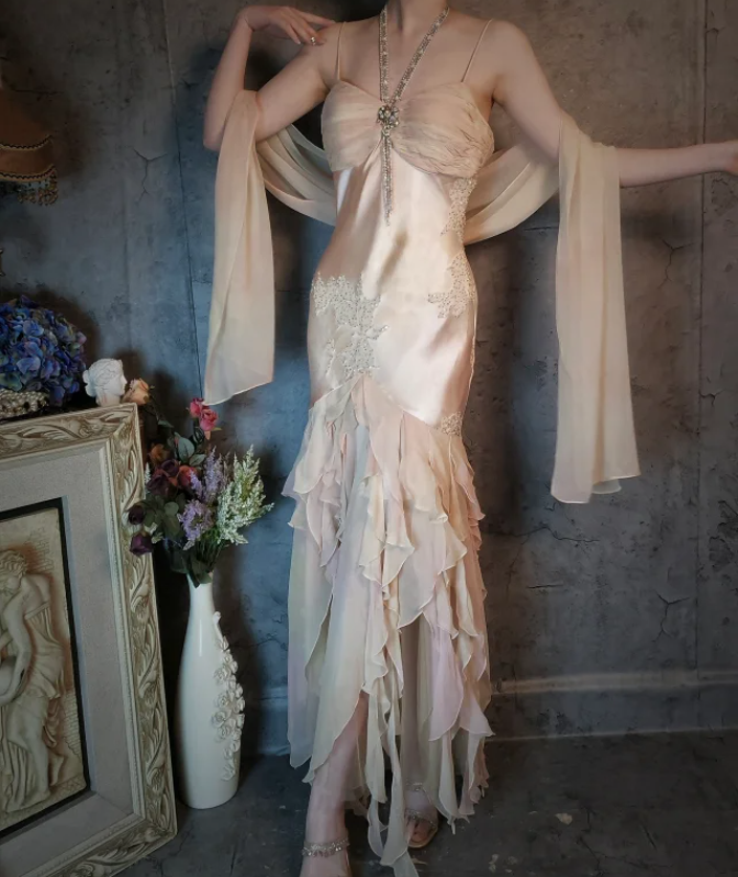Elegant Light Pink Mermaid Beaded Layered Ruffled Satin Prom Dress Evening Dress Main image