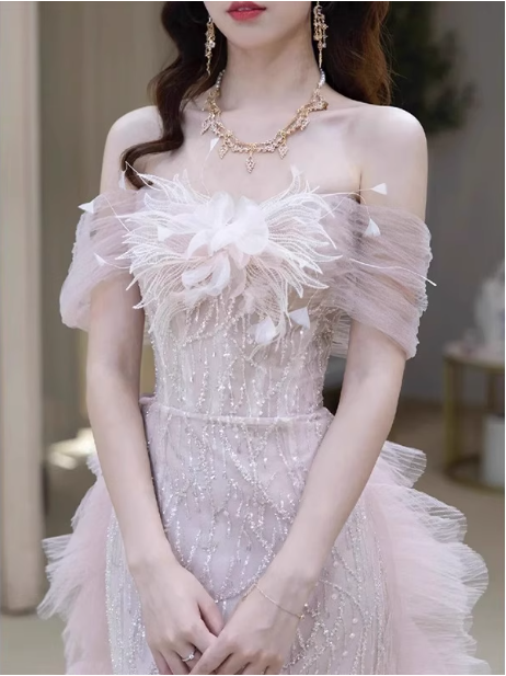 Elegant Light Pink Mermaid Off-The-Shoulder Sequined Sheer Tulle Long Prom Dress Evening Dress Secondary image