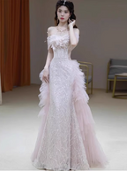 Elegant Light Pink Mermaid Off-The-Shoulder Sequined Sheer Tulle Long Prom Dress Evening Dress