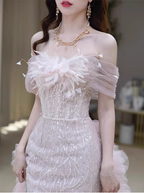 Elegant Light Pink Mermaid Off-The-Shoulder Sequined Sheer Tulle Long Prom Dress Evening Dress
