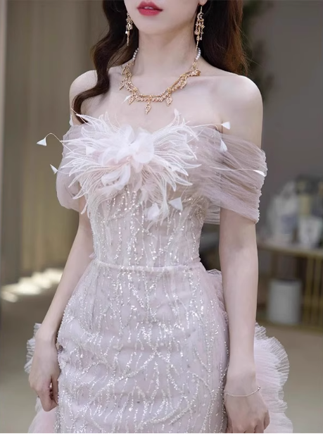 Elegant Light Pink Mermaid Off-The-Shoulder Sequined Sheer Tulle Long Prom Dress Evening Dress