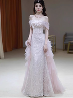 Elegant Light Pink Mermaid Off-The-Shoulder Sequined Sheer Tulle Long Prom Dress Evening Dress