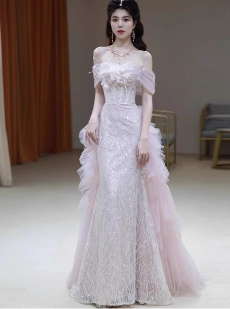 Elegant Light Pink Mermaid Off-The-Shoulder Sequined Sheer Tulle Long Prom Dress Evening Dress