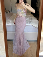 Elegant Light Purple Mermaid Square Neck 3D Floral Lace Long Prom Dress Evening Dress