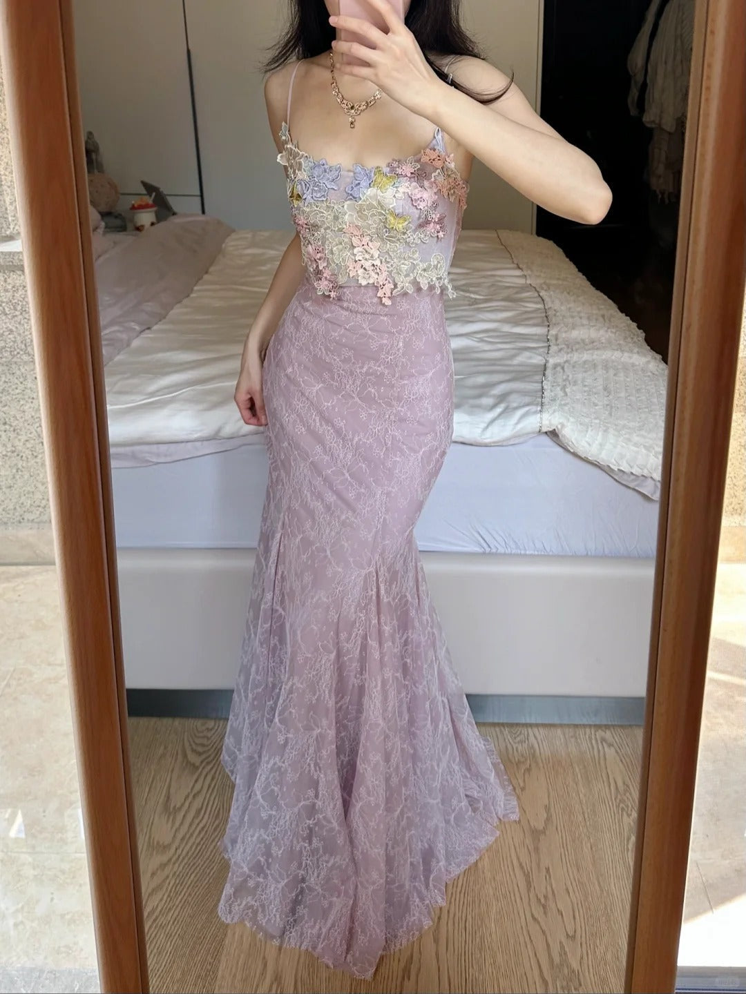 Elegant Light Purple Mermaid Square Neck 3D Floral Lace Long Prom Dress Evening Dress