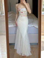 Elegant Light Purple Mermaid Square Neck 3D Floral Lace Long Prom Dress Evening Dress