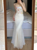 Elegant Light Purple Mermaid Square Neck 3D Floral Lace Long Prom Dress Evening Dress