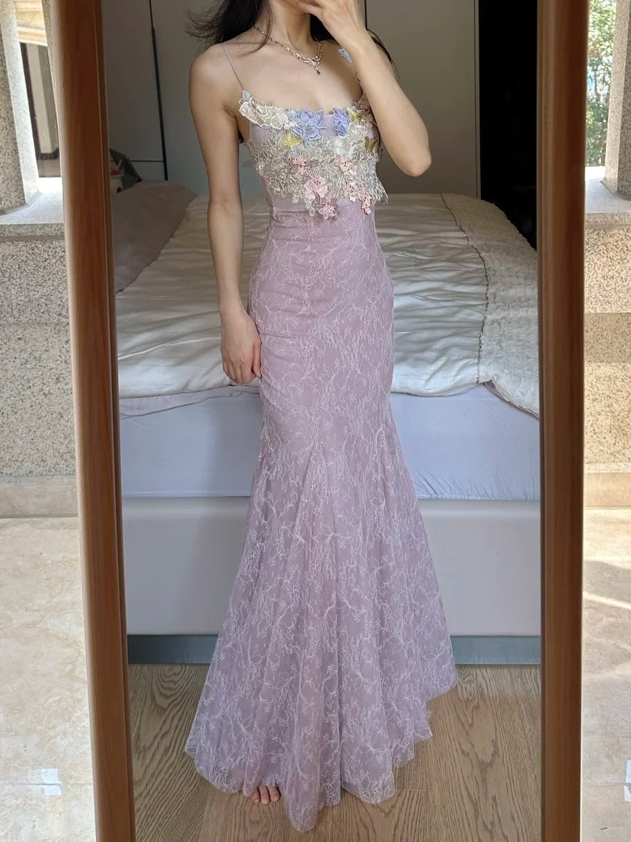Elegant Light Purple Mermaid Square Neck 3D Floral Lace Long Prom Dress Evening Dress Main image