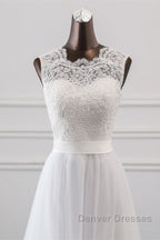 Elegant Long A-line Jewel Tulle Appliques Lace Wedding Dress