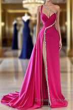 Elegant Long A-line One Shoulder Sweetheart Sleeveless Satin Prom Dress With Slit