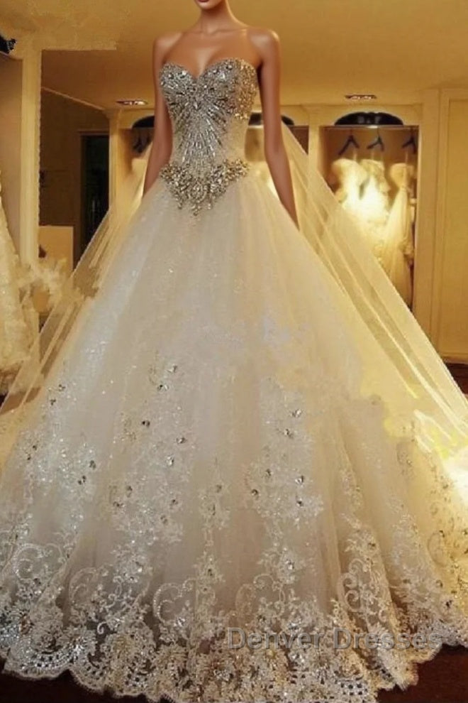 Elegant Long A Line Sweetheart Appliques Crystal Beading Wedding Dress