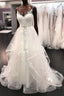 Elegant Long A Line Tulle Lace V Neck Spaghetti Straps Wedding Dress