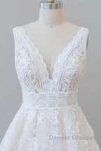 Elegant Long A-line V-neck Appliques Lace Tulle Backless Wedding Dress