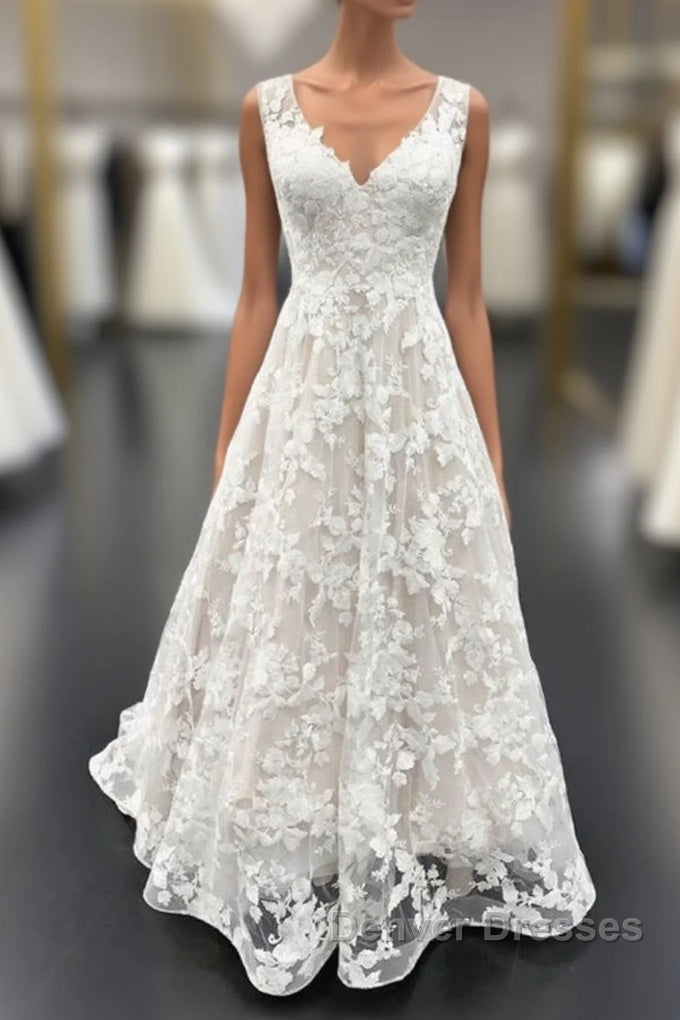 Elegant Long A Line V Neck Floral Lace Wedding Dress Main image
