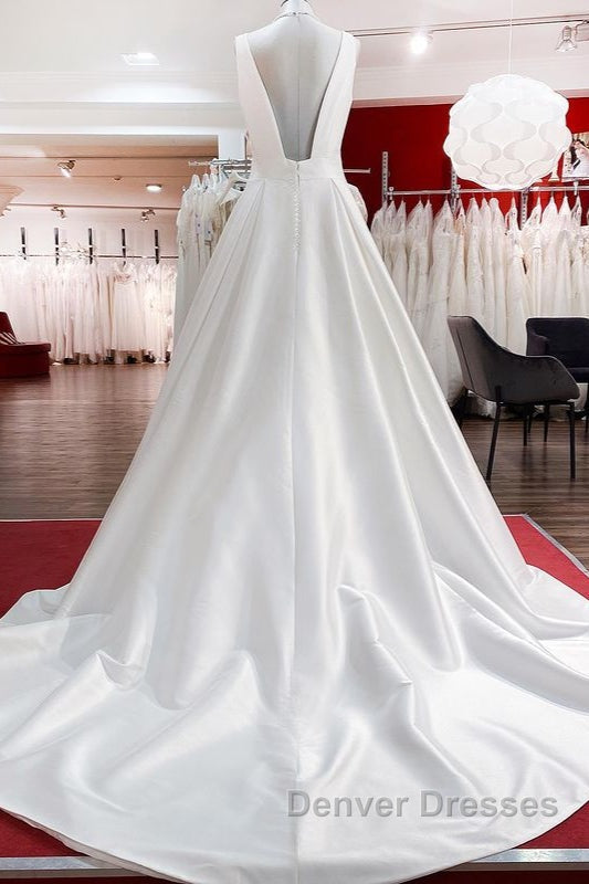 Elegant Long A-line V Neck Satin Ruffles Open Back Wedding Dress