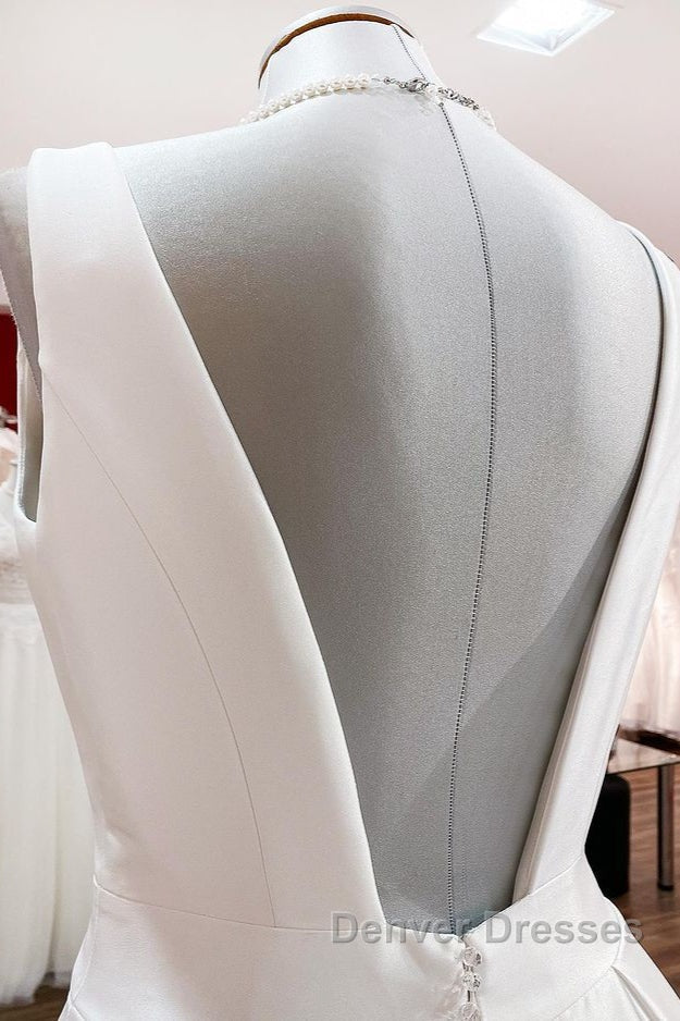 Elegant Long A-line V Neck Satin Ruffles Open Back Wedding Dress