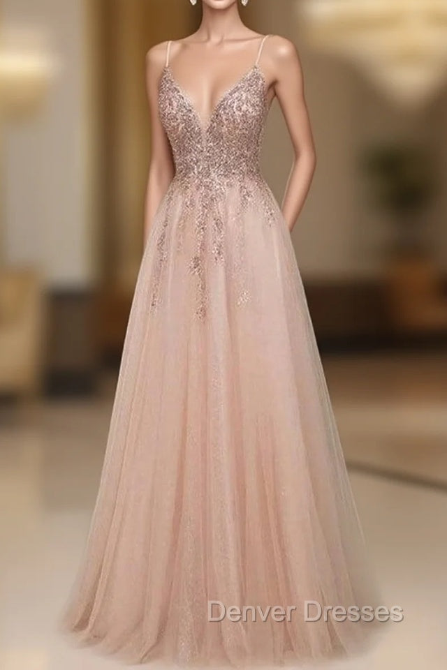 Elegant Long A-line V-neck Sequins Tulle Backless Prom Dress Main image