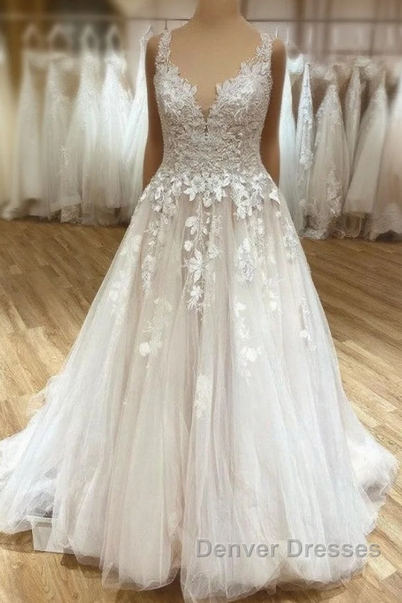 Elegant Long A-Line V-neck Spaghetti Straps Appliques Lace Ruffles Tulle Wedding Dress