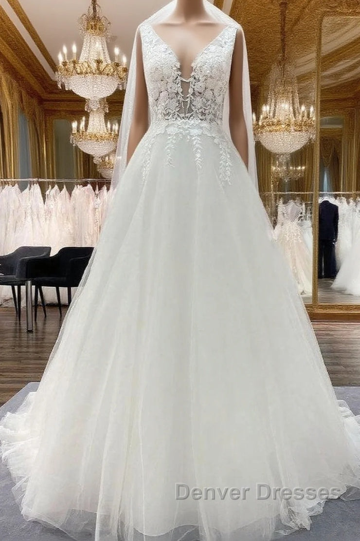 Elegant Long A-line V Neck Tulle Lace Open Back Wedding Dress Main image