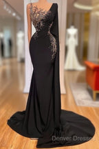 Elegant Long Black Mermaid Beading Lace Prom Dress