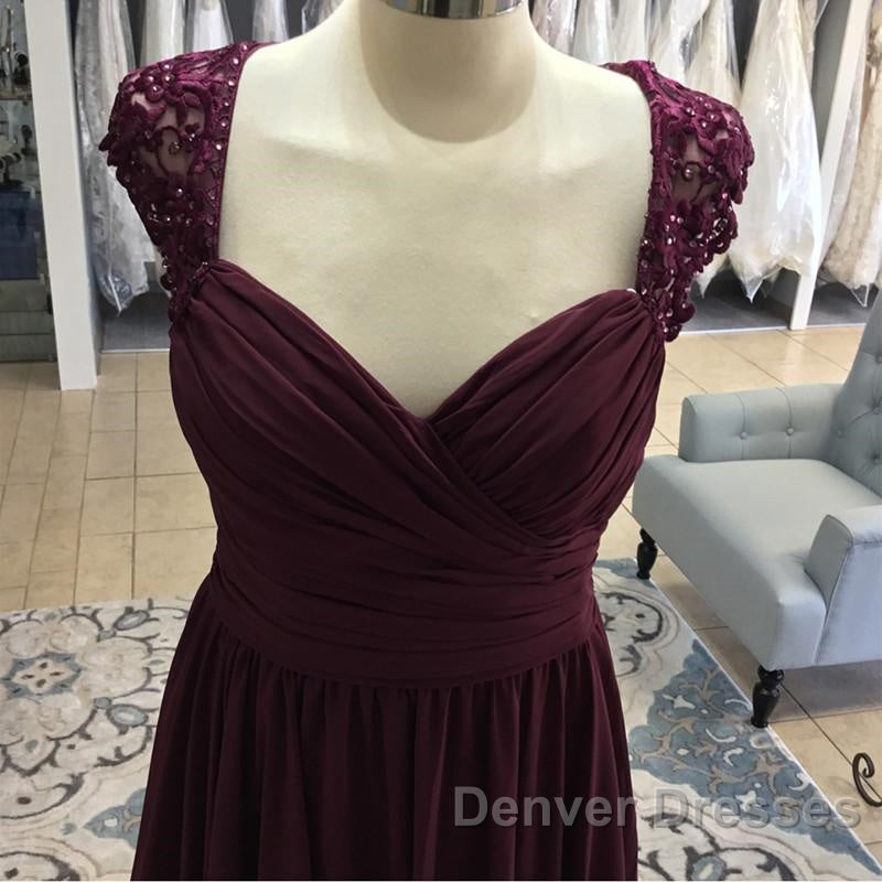 Elegant Long Chiffon Backless Bridesmaid Dress Lace Cap Sleeves