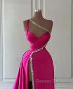 Elegant Long Fuchsia One Shoulder Jewels Sleeveless Prom Dress Long Slit Online