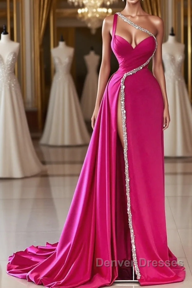 Elegant Long Fuchsia One Shoulder Jewels Sleeveless Prom Dress Long Slit Online