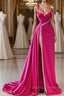 Elegant Long Fuchsia One Shoulder Jewels Sleeveless Prom Dress Long Slit Online