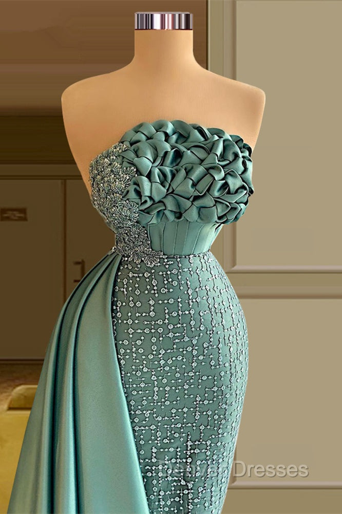 Elegant Long Green Mermaid Sleeveless Beading Prom Dress With Ruffles Long