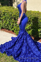 Elegant Long Mermaid Halter Satin Lace Backless Prom Dress