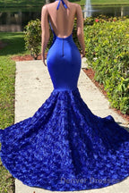 Elegant Long Mermaid Halter Satin Lace Backless Prom Dress