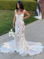 Elegant Long Mermaid Lace Applique Prom Dress Wedding Dress Evening Dress