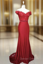 Elegant Long Mermaid Spandex Off Shoulder Party Dress, Wine Red Bridesmaid Dress