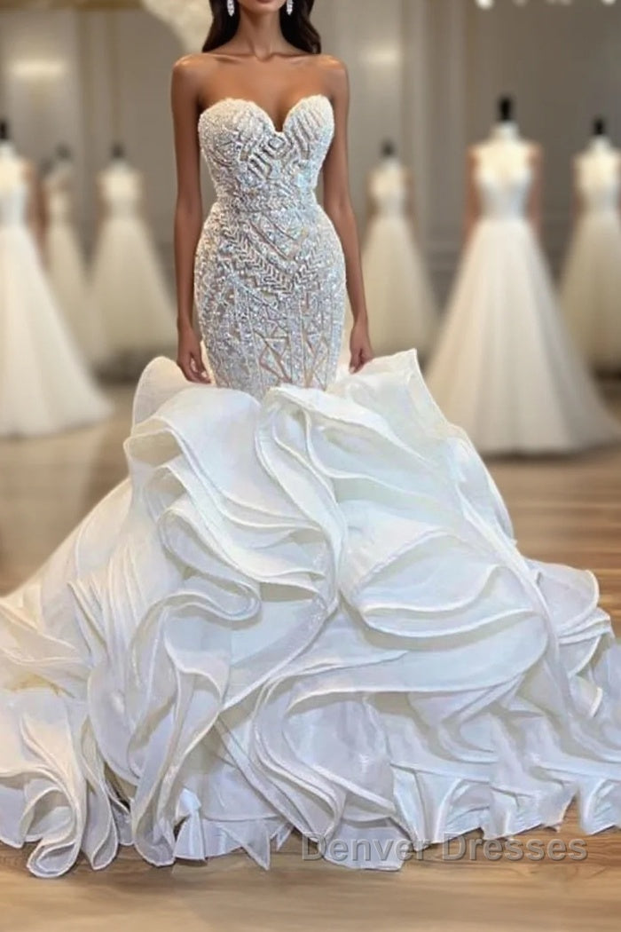 Elegant Long Mermaid Sweetheart Lace Up Crystal Wedding Dress