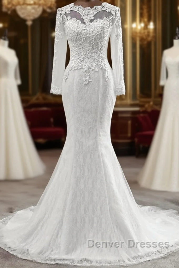 Elegant Long Mermaid Tulle Jewel Wedding Dress with Sleeves Main image