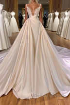 Elegant Long Mermaid V-neck Spaghetti Strap Satin Lace Wedding Dress