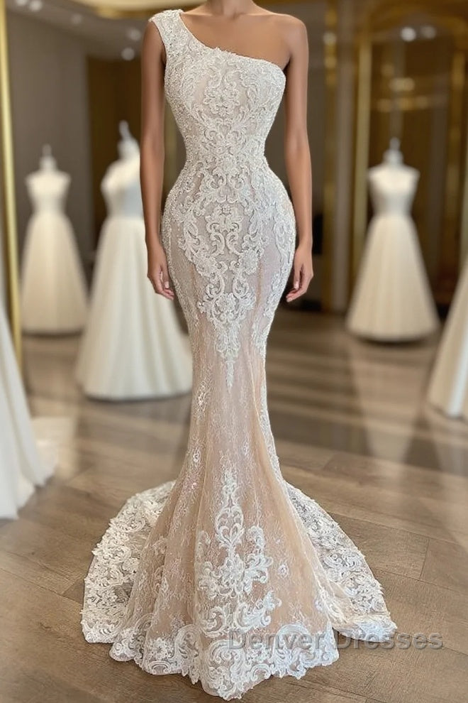 Elegant Long One Shoulder Appliques Lace Mermaid Wedding Dress Main image
