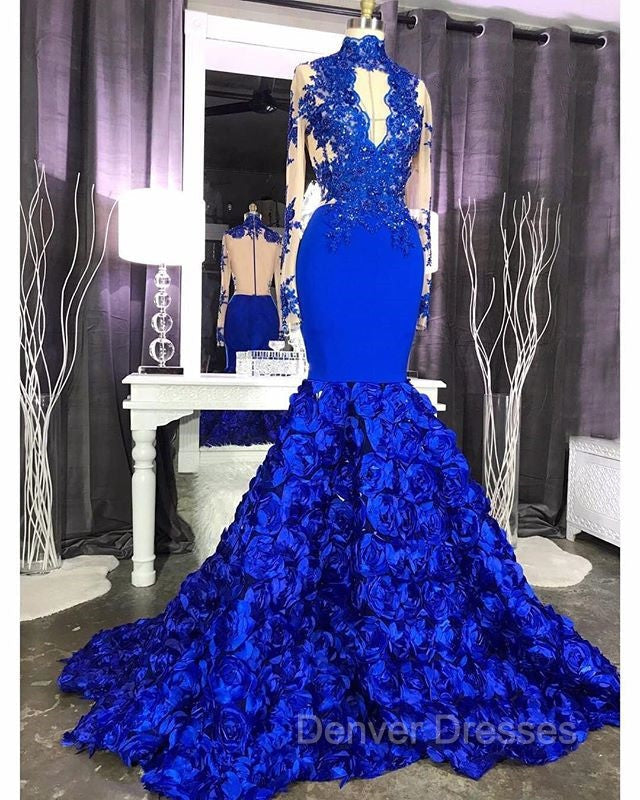 Elegant Long Sleeves Lace Appliques Prom Party Gowns on Sale Fit and Flare Royal Blue Floral Prom Party Gowns with Keyhole Secondary image