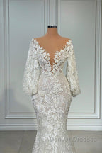 Elegant Long Sleeves Mermaid V-neck Tulle Lace Wedding Dress
