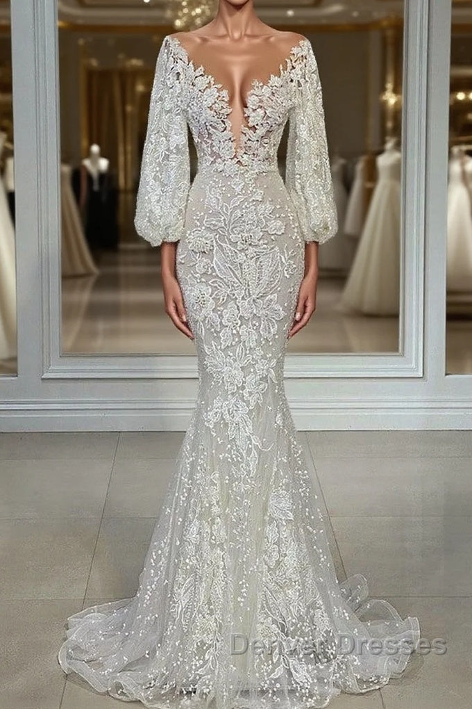 Elegant Long Sleeves Mermaid V-neck Tulle Lace Wedding Dress Main image