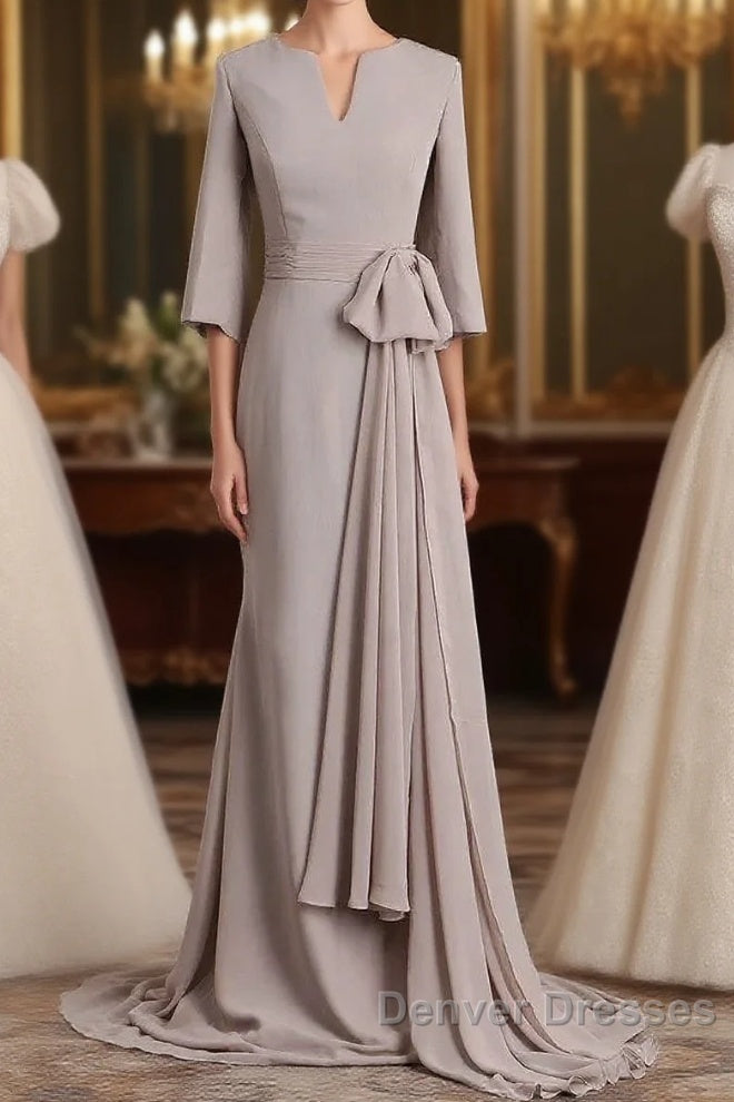 Elegant Mermaid 3/4 Long Sleeved Chiffon Bra With Belt Bride Mother Of The Bride Dress